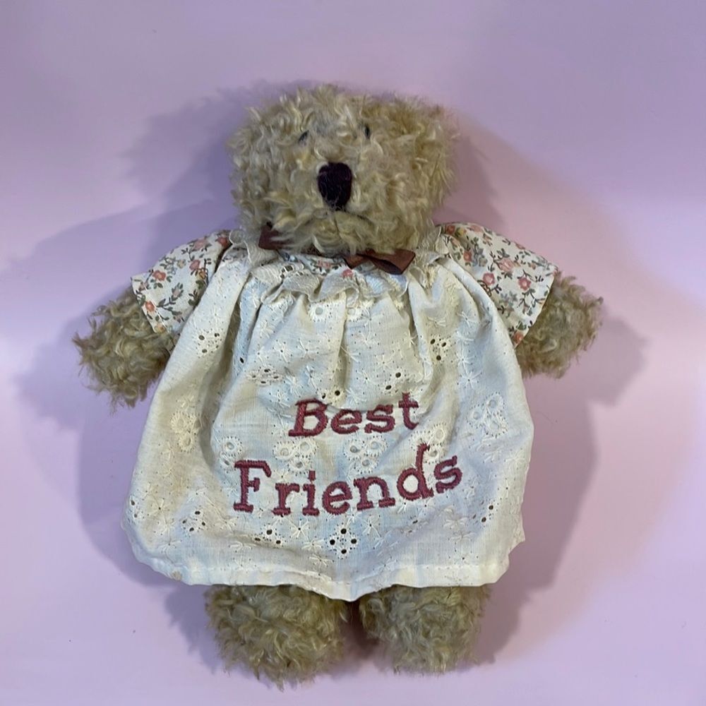 Beige/Tan Classic Curly Teddy Bear with Embroidered Dress w “Best Friends”8” EUC